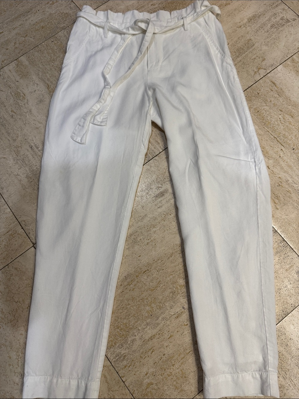 ecru White Tie-Waist Tapered Cotton Trousers
